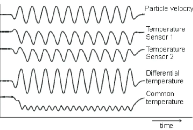 Figure 2.2.5: Measured temperatures of the Microown® due to an acoustic disturbance. Due to particle velocity both temperature sensors cool down but in a dierent manner