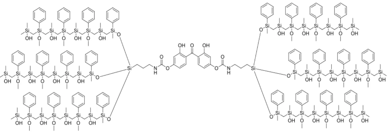 Figura 2.2: Network tridimensionale sol-gel con assorbitore 2,2’,4,4’-tetraidrossibenzofenone  covalentemente legato 