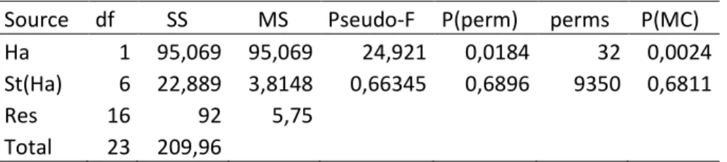 Tabella  5:  Test  PERMANOVA  sui  dati  di  abbondanza  di  Nephtys  hombergii  in  relazione  all’habitat  vegetato  o  meno  (Ha)  e  alle  stazioni  all’interno  delle  due  tipologie di habitat (St(Ha))