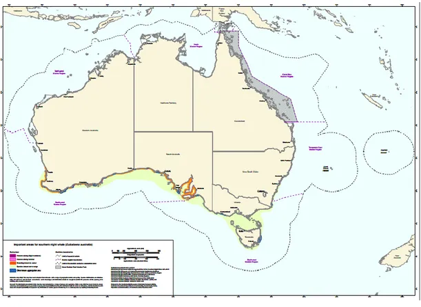 Figure 3: map showing Southern right whale use of Australian waters. Calving areas (violet), breeding areas (orange)