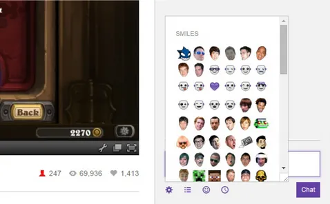 Figura 2.2Screenshot dell’interfaccia browser di Twitch che mostra le emoticons renderizzate come appaiono all’utente finale.