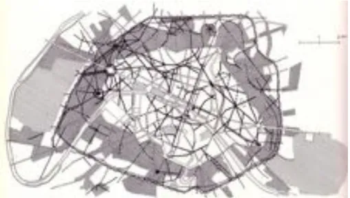 Fig. 1.1: schema dei Percements attutati da Haussmann nel piano per Parigi  del 1859. (Credit: Benevolo, 1960)