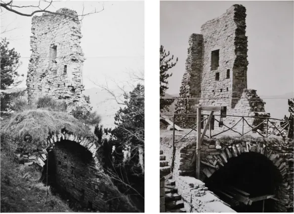 Fig II - 3 Prospetto Nord-Ovest: prima e dopo i lavori di consolidamento del 1973 - Archivio fotografico  Soprintendenza Archeologia, Belle Arti e Paesaggio di Ravenna 