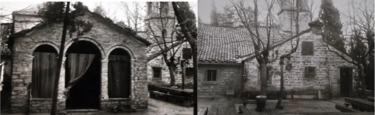 Fig II-6 Ingresso al Santuario (1976) e abitazione del romito (1975) – Archivio fotografico  Soprintendenza Archeologica, Belle arti e paesaggio di Ravenna