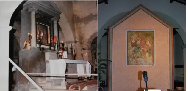 Fig II - 9 Supporto per l'affresco &#34;Madonna col Bambino e Santa Caterina di Alessandria&#34; dal 1936 al 1980  (sinistra) e dal 1997 ai giorni d’oggi (destra)