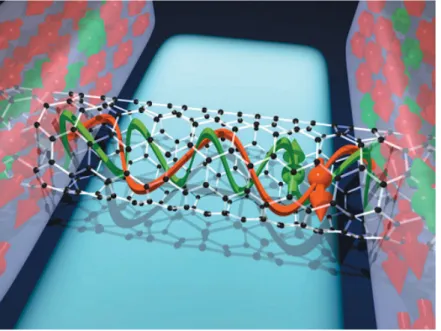 Figure 1.15: Graphic representation of spin transport trough a CNT channel between two LSMO electrodes [12].