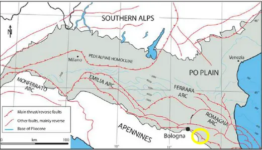 Figura  2.2:  mappa  strutturale  semplificata  della  pianura  padana  ( BURRATO  et  al.,  2003,  modificata)