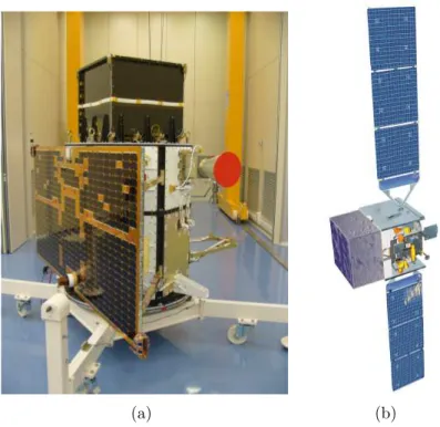 Figure 1.7: (a) Agile within the clean room of Gavazzi Space at Tortona. Credits to Media Inaf (b) Artist rendering of the Fermi Gamma-ray Space Telescope