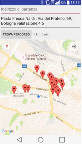 Figura 10: Il risultato di una ricerca di ristoranti in un punto di Bologna. 