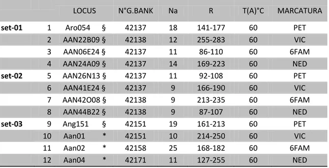 Tabella 2 - Elenco loci microsatelliti utilizzati per le analisi Per ogni locus è indicato  il codice di accesso di Gen Bank (N°G.BANK), il numero di alleli per locus (Na), il  range allelico (R), la temperatura di annealing espressa in gradi centigradi (T