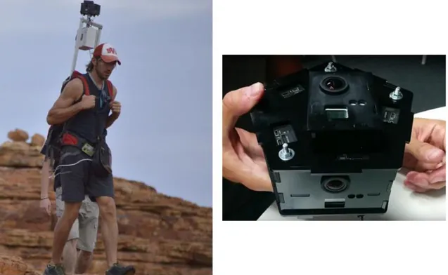 Figura 2.2: a sinistra, lo zaino di Trail Me Up. A destra l’ingrandimento della fotocamera montata sullo  zaino [CAM15]