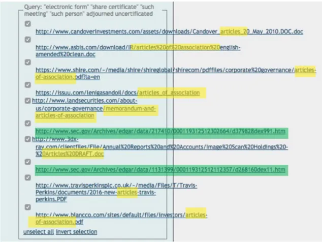 Figure 6. Example of manual URL selection pane with typical results for an English- English-language query 