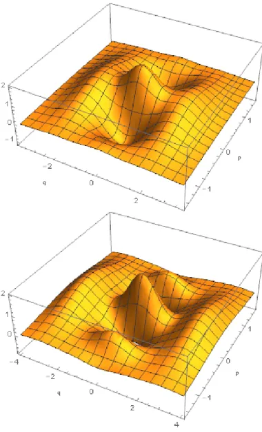Figura 2.6: Distribuzioni di Wigner di stati gatto di Schr¨ odinger con q 0 = 2 (sinistra) e q 0 = 3 (destra)