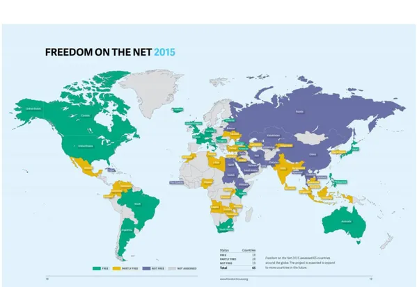 Figure 1: Mappa della libert` a di espressione sul web relativa al 2015. Nell’ordine i paesi pi` u virtuosi sono quelli verdi, gialli e blu.