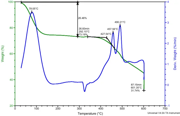 Figura 3.7: Analisi TGA della membrana di PMIA da filatura della soluzione PMIA14%wt/LiCl  3,5%wt 