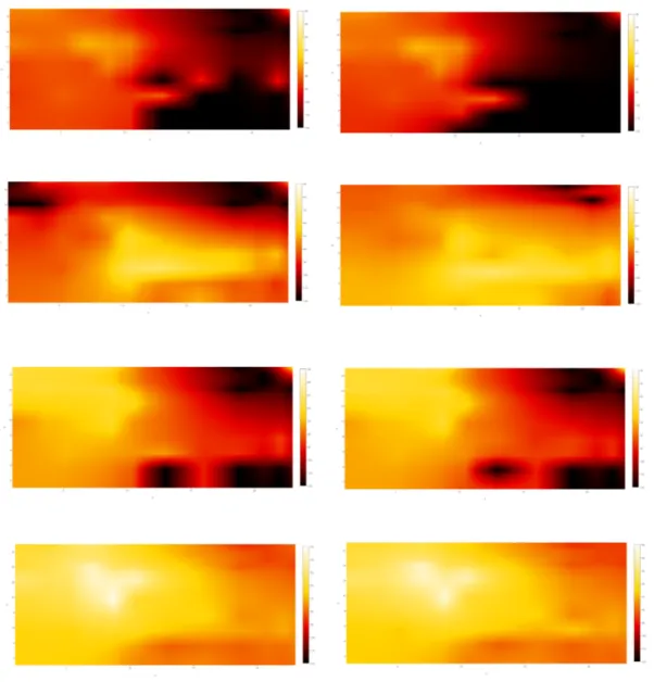 Figura 4.3: 11 - 18 Heatmap, realizzate dopo la prima raccolta dati, rap- rap-presentano la potenza di segnale rilevata per ogni BSSID percepito nel dipartimento al momento della raccolta.