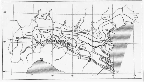 Fig 5- Velocità medie di subsidenza in mm/y, ricostruite dallo  spessore dei sedimenti pleistocenici e calcolate sulla durata del 