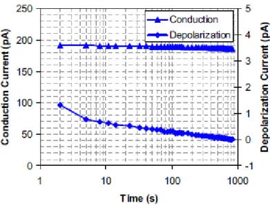 Figura 17: Rappresentazione della corrente di polarizzazione e depolarizzazione con un campo  applicato di 4 V/mm 