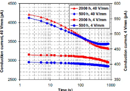 Figura 19: Rappresentazione della corrente di polarizzazione e depolarizzazione con un campo  applicato di 40 V/mm e tempi di invecchiamento diversi 