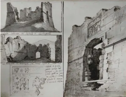Fig. 8 - Romolo Liverani, Veduta della porta del castello di Cantagallo, VII/33 a., 1848, acquerello  originale conservato presso l’Archivio Piancastelli di Forlì