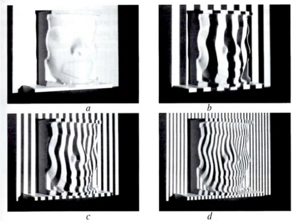 Figura 5: esempio di tecnica di scansione a luce strutturata sulla superficie di  un oggetto: viene mostrato l’aumento della densità delle frange dall’immagine  a) all’immagine b) [9]