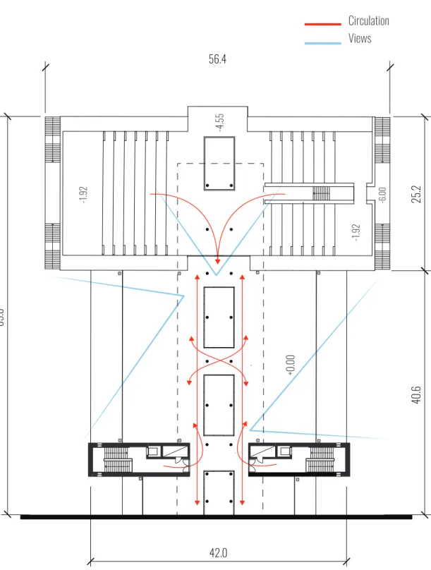 Figure 9.  In red basic circulation and existent ac- ac-cess system plus a new one designed to connect the  terrace with the rest of outdoor space ; in light blue  the views;