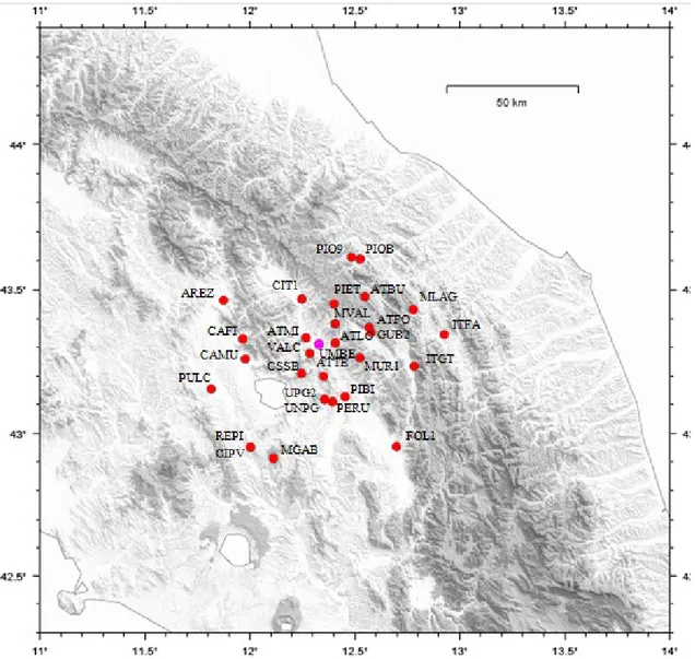 Figure  2.1:  Distribution  of  the  GPS  stations  used  on  this  work.  The  pink  dot  indicates  the  station UMBE, placed almost at the center of the study area