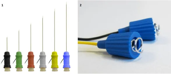 Figura 2.4 Elettrodi ad ago: 1) Elettrodi ad ago concentrico; 2) Elettrodi ad ago subdermali a vite 