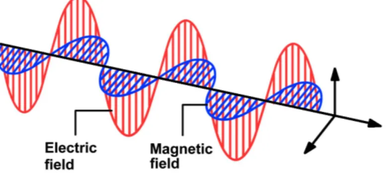 Figura 3.2: Rappresentazione grafica della propagazione di un’onda elettromagnetica, in cui sono indicati il campo magnetico ed elettrico.