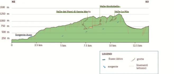 Figura 13 - Profilo schematico di deflusso delle acque carsiche dell'area centrale degli Alburni (da Cafaro, Pastore et al.,  2015)