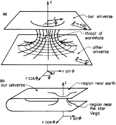 Figura 1.1: (a) Diagramma di embedding di un wormhole che connette due universi distinti