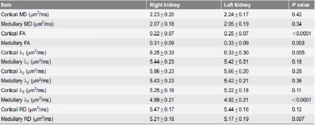 Tabella 3.2.4: parametri DTI di medulla e corteccia nel rene destro e sinistro 