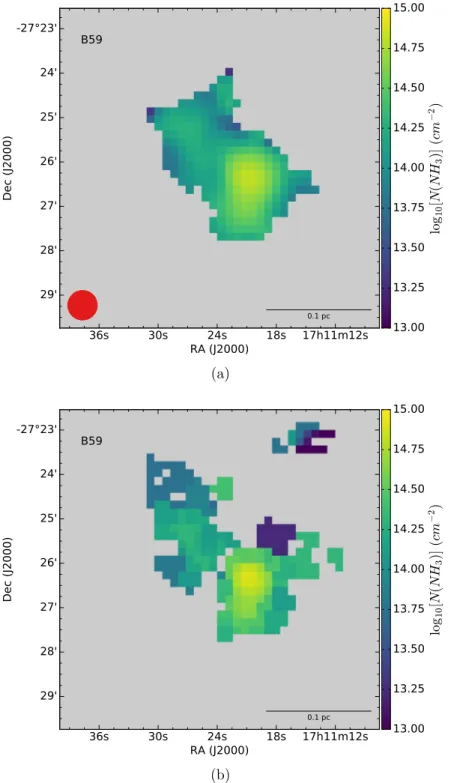 Figure 3.7: N(NH 3 ) map obtained with (a) smoothing and (b) Voronoi binning methods. The colour scale is the same for both images.