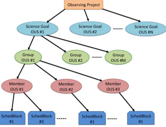 Figure 3.4: Block diagram of an Observing Project. All projects have the same Ob- Ob-servation Unit Set (OUS) level, the Science Goal OUS level, the Group OUS level and the member OUS level