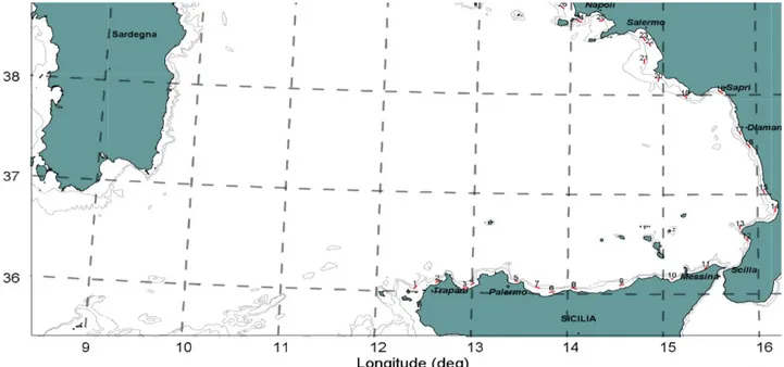 Figura  13:  Posizione  delle  cale  con  rete  pelagica  nel  corso  della  Campagna  “EVATIR  2015” a bordo della N/O  “G.Dallaporta” nell’area della Sicilia settentrionale