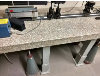 Figura 3.1: Banco ottico del laboratorio sorretto da piedistalli regolabili in metallo I supporti ottici posizionati sopra il tavolo sono composti da metallo e risultando  piut-tosto pesanti e fissati su un supporto guida sempre in metallo permettono la ri