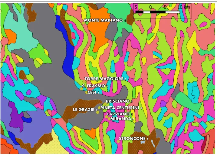 Figura 3.2: carta geologica dell’area di interesse  in scala 1:100000 (da cartografia geologica della Regione  Umbria)