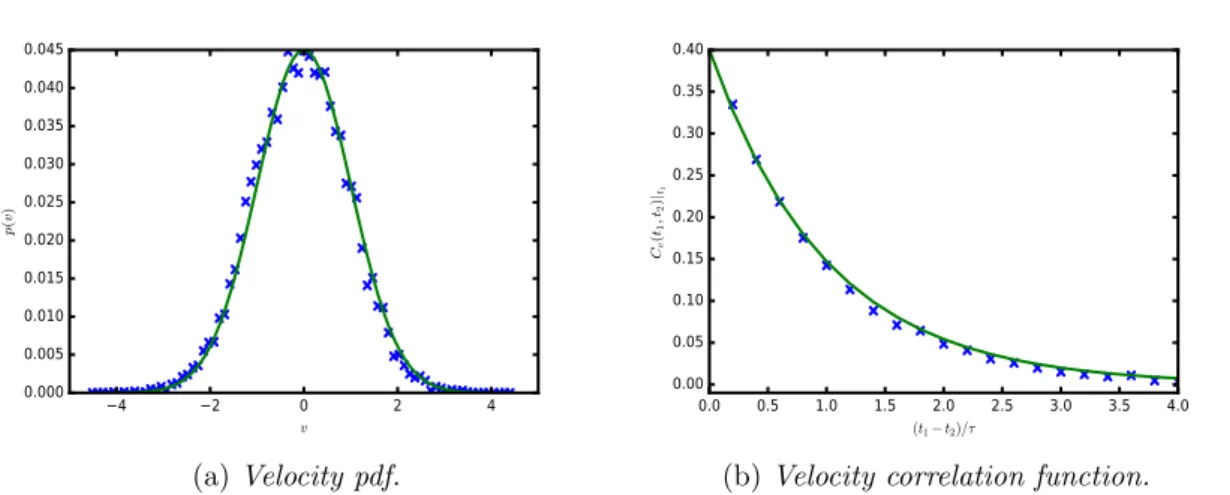 Figure 1.2: OU process velocity in stationary state: pdf and correlation function.
