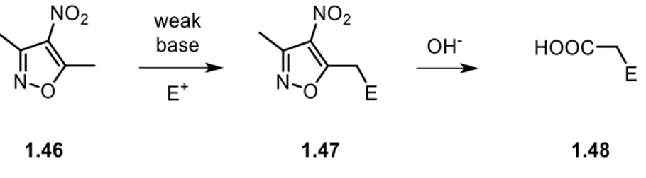 Figure 1.10 - Electrophilic behavior and reactivity of 3-methyl-4-nitro-5-styrylisoxazoles