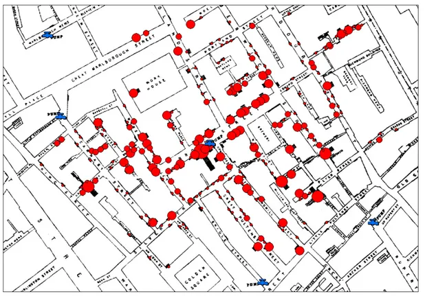 Figura 1.1: Mappa con la sovrapposizione dei casi di colera, in rosso, e delle pompe d’acqua della zona di Broad Street