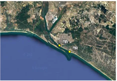 Figure 4. Map of the Huelva area with the sampling sites in which the sediment was taken to evaluate the quality with the integrated model: the Muelle de Capesa (H1) and the Puerto deportivo of Mazagòn (H2)