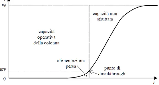 Figura  2.12:  Profilo  qualitativo  di  una  BTC.  c 0 :  concentrazione  dell’alimentazione;  c BTP :  concentrazione  in  corrispondenza del punto di breakthrough [7]