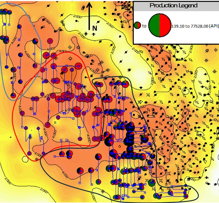 Fig. 51: gross reservoir map in the unconventionally developed Ferrier area. The bubble map represents 