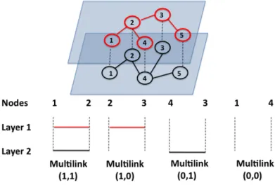 Figure 1.2: Multiplex network with M=2 layers and N=5 nodes. Connection of each pair of nodes i j can be represented by a multilink ~ m [10].