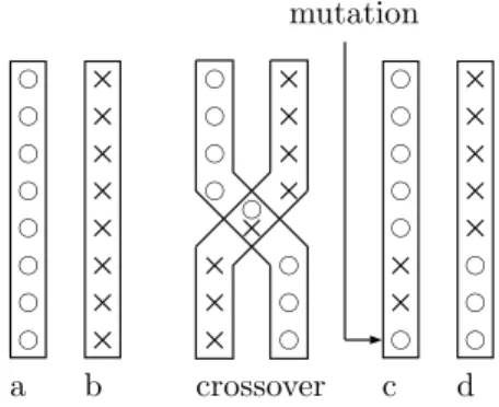 FIGURA 1.1 – L’operazione di crossover tra i due cromosomi a e b crea i figli c e d. La freccia in c indica un errore di copia.