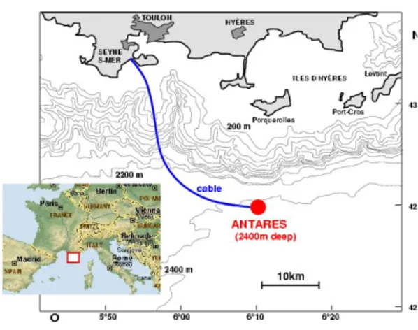 Figura 2.2: Localizzazione di ANTARES nel Mar Mediterraneo, di fronte alla costa della Francia.