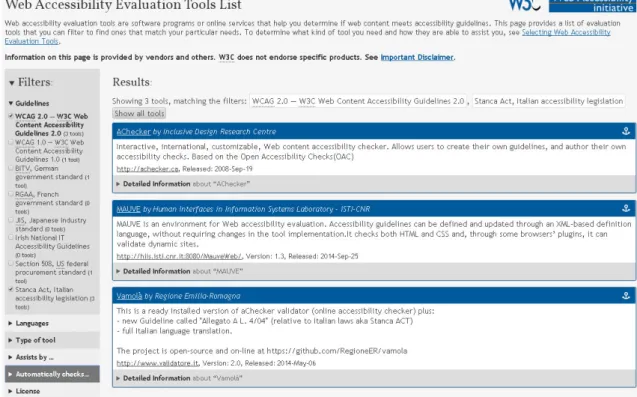 Figura 2.2: Homepage Elenco strumenti di valutazione dell'accessibilità Web [W3CEV14]