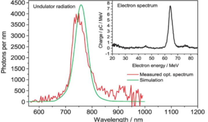 Figure	
  3.6.	
  shows	
  an	
  excellent	
  agreement	
  between	
  the	
  measured	
  optical-­‐radiation	
  spectrum	
   (red)	
  and	
  the	
  simulated	
  undulator-­‐radiation	
  spectrum	
  (green)	
  which	
  was	
  calculated	
  from	
  the	
   c
