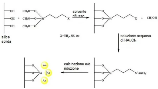 Figura 10 – Procedura generale per la sintesi di catalizzatori d’oro supportati su silice  funzionalizzata via grafting