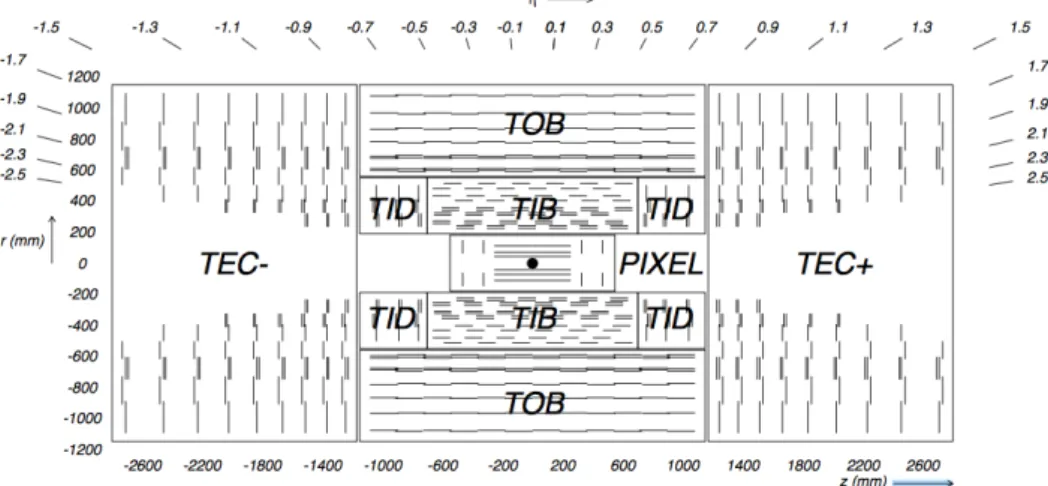 Figure 2.7: Transverse view of the CMS tracker: each line represents a detector module.